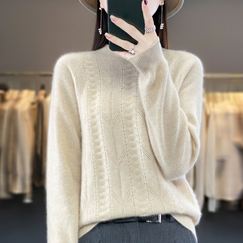 Sweater rajut wanita, atasan rajut longgar lengan panjang berongga leher tinggi setengah buatan tangan tanpa kelim musim gugur musim dingin