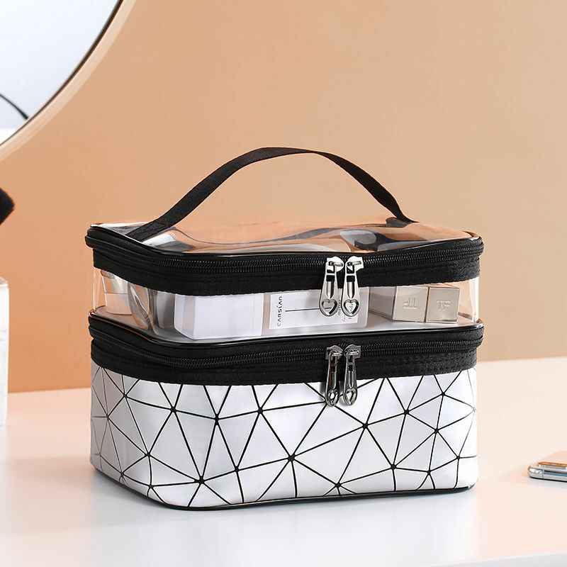New double-layer cosmetic bag box lattice portable female makeup artist multi-functional storage makeup bag  makeup box   bag
