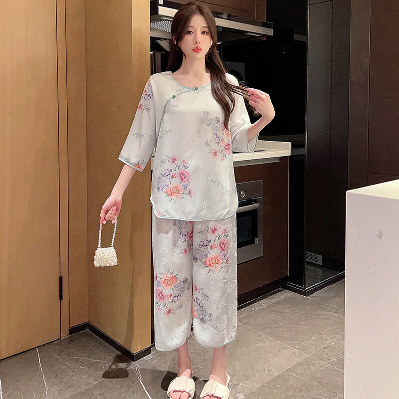 Ice injSleepwear-Ensemble de pyjama à imprimé floral pour femmes, vêtements de nuit vintage, vêtements d'intérieur coréens, printemps, automne, été
