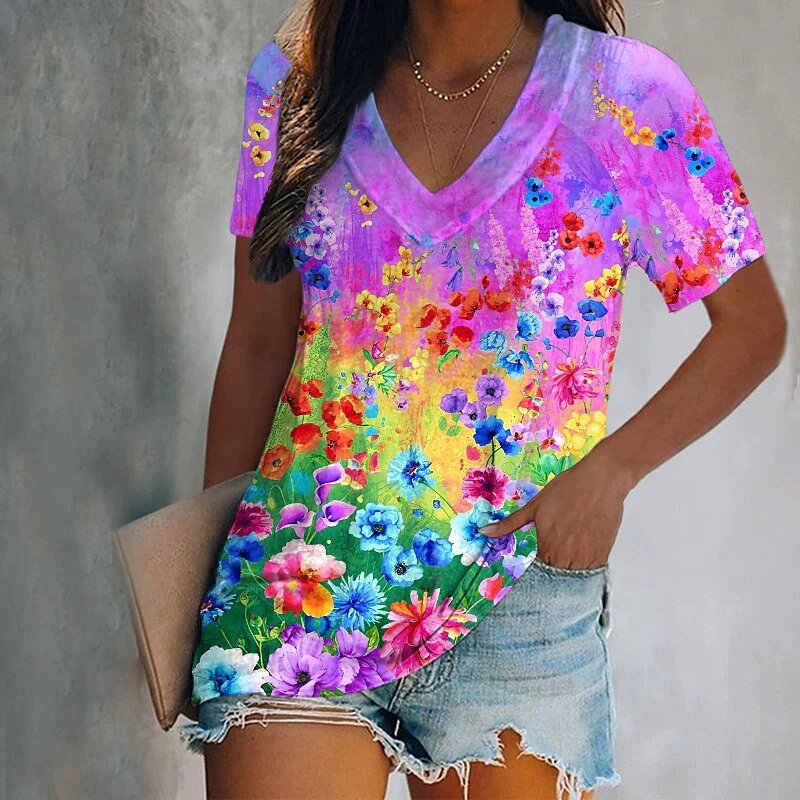 Kaus mewah wanita, kaus motif kupu-kupu 3d lengan pendek leher V untuk Wanita Mode musim panas kasual gradien