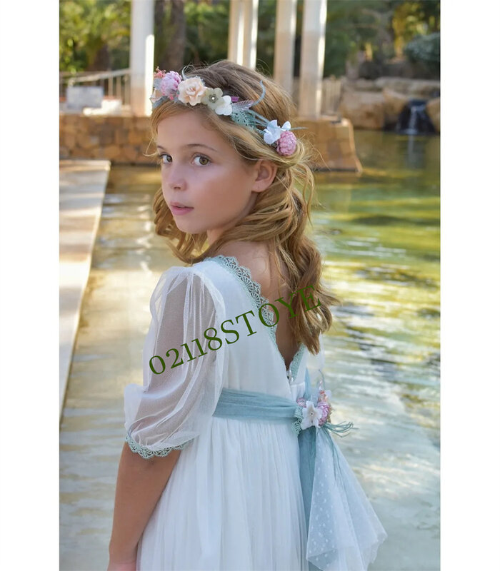 Fairy Flower Girl Dress for Kid Birthda Princess Lace Floral Ribbon Belt Bridemini Bridesmaid Wedding Party Tulle Gown