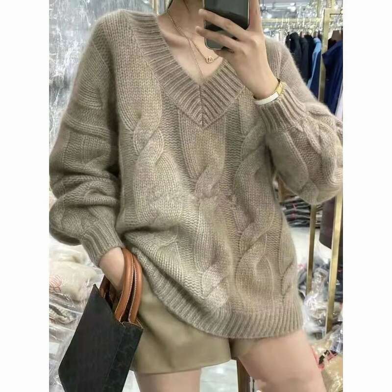 Suéteres sueltos con cuello en V para mujer, Blusa de manga larga, ropa de punto coreana, Otoño, 2023