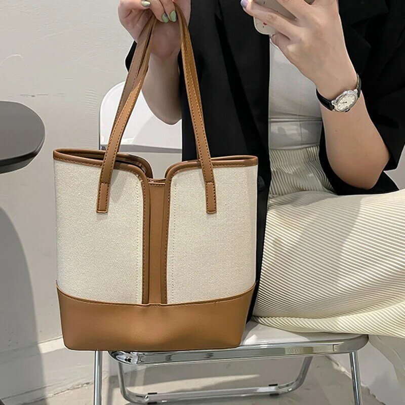 2023Fashion Design kobiety torebka wiadro wysokiej jakości proste Retro patchworkowe torby na ramię skórzana torba