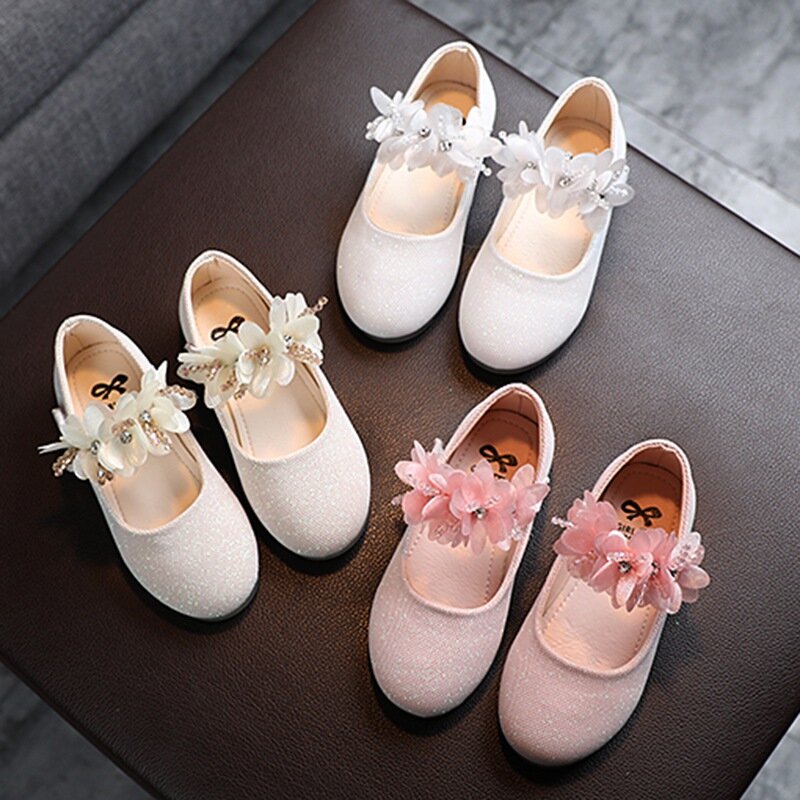 Spring Summer Girls Dress Princess Leather Shoes Lace Shining Flower Soft Sole Flats Performance Party  White Wedding Sandals
