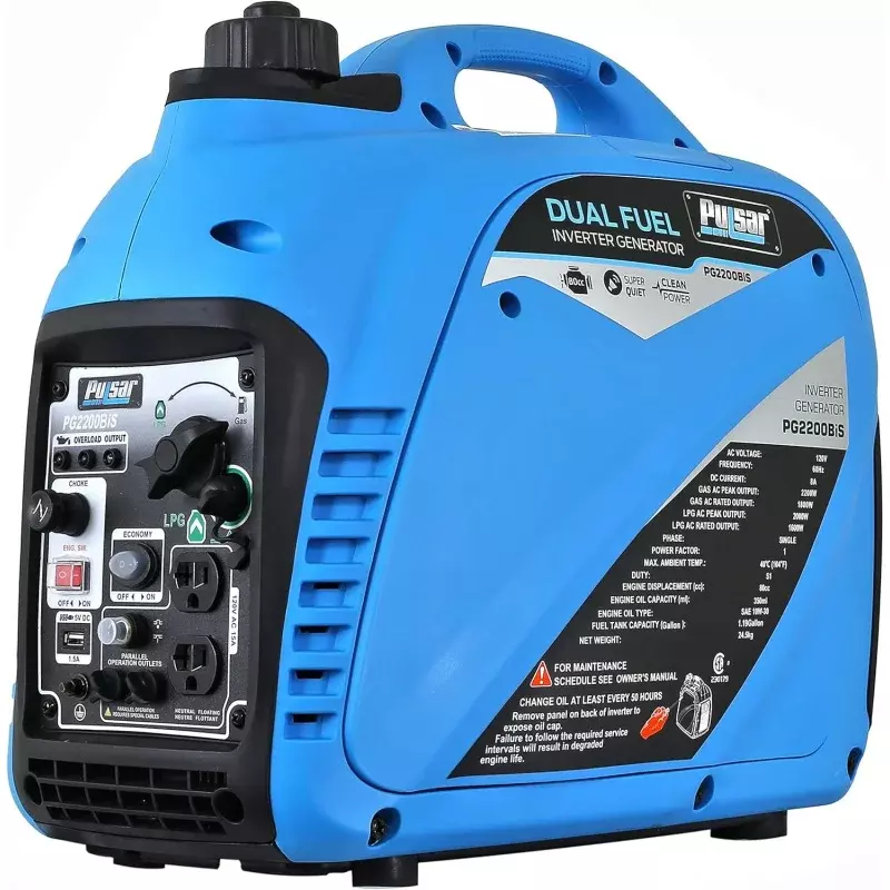 Push 2,200W Portable Dual Fuel Quiet Inverter Generator with USB Outlet & Parallel Capability, CARB Compliant, PG2200BiS