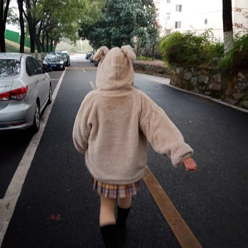 Winter Jacket 2022 Women's Zipper Oversized Soft Harajuku Kawaii Hooded Rabbit Ears Plush Faux Cashmere Coat Plus Velvet Padded