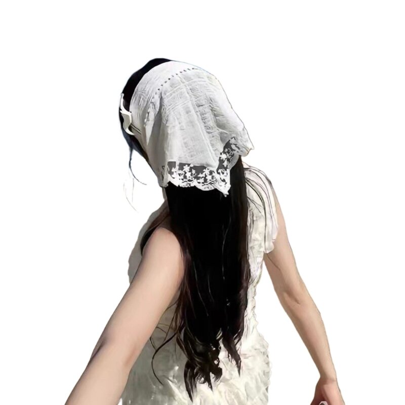 Элегантный прозрачный платок для волос с кружевной отделкой. Привлекательная повязка для волос с завязкой на спине.