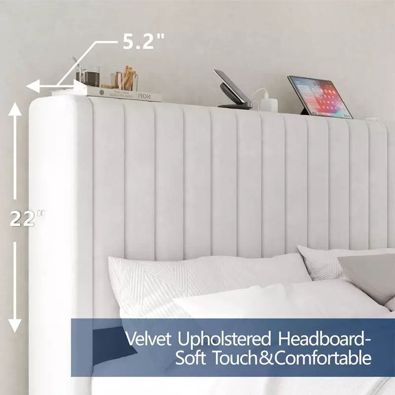 Velvet Upholstered Platform Bed w/ Channel Tufted Headboard, Mattress Foundation w/ Wood Slats, No Box Spring Needed