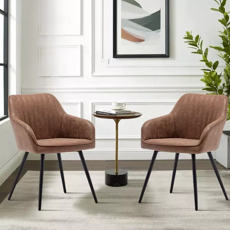 Zestaw krzeseł z 2 nowoczesnych foteli, brązowa sztuczna skóra odpowiednia do salonu, jadalni, z metalowymi nogami, krzesło gościnne