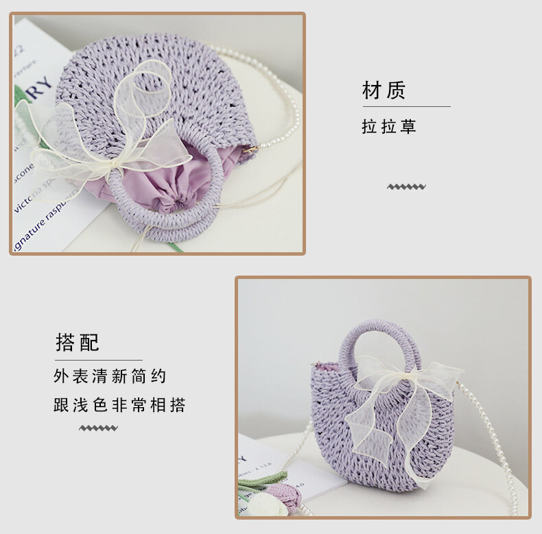 Cute Yellow Bow Straw Woven Bag 2023 New Candy Color Woven Bag Women's Messenger Seaside Holiday Beach Bag