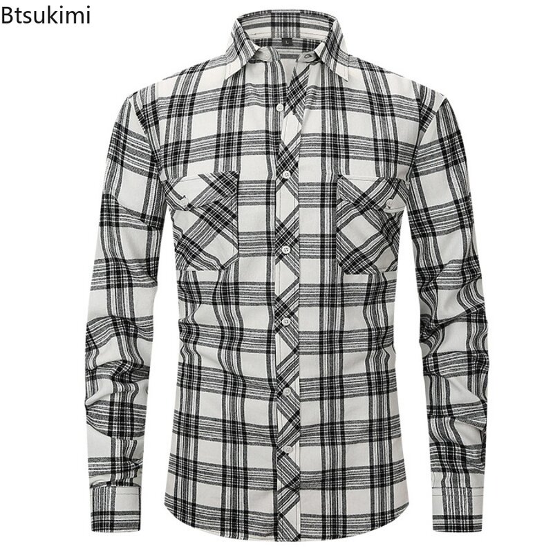 남성용 격자 무늬 스타일 따뜻한 소셜 셔츠, 가을 겨울 플란넬 따뜻한 캐주얼 셔츠, 격자 무늬 상의, 긴팔 비즈니스 셔츠, 2024 년 신상