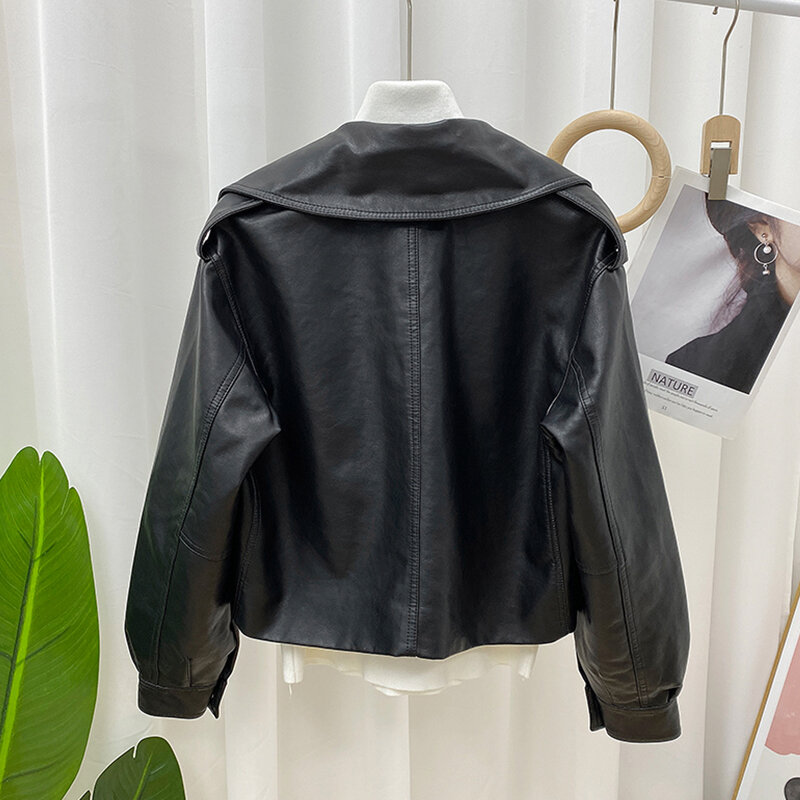 FMFSSOM 2024 Весенняя женская короткая куртка из искусственной кожи на одной пуговице, черная мотоциклетная ветрозащитная куртка, теплая верхняя одежда с отложным воротником