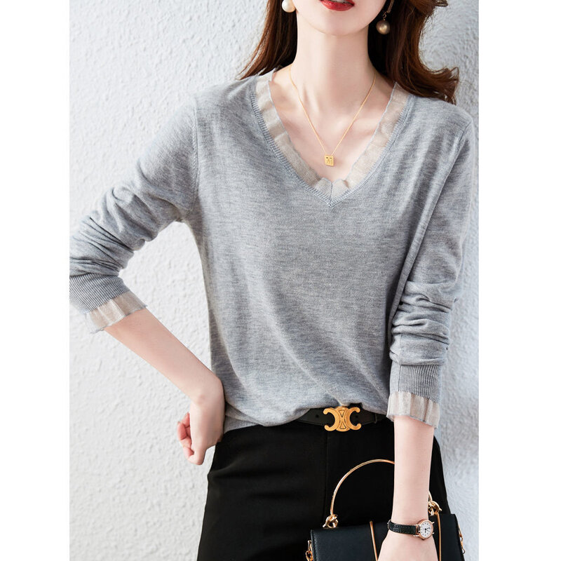 Korean Elegant Chic Sweet Mesh Patchwork V-neck Knitwear Women Spring Autumn Casual Loose Solid Long Sleeve Top Female Clothing