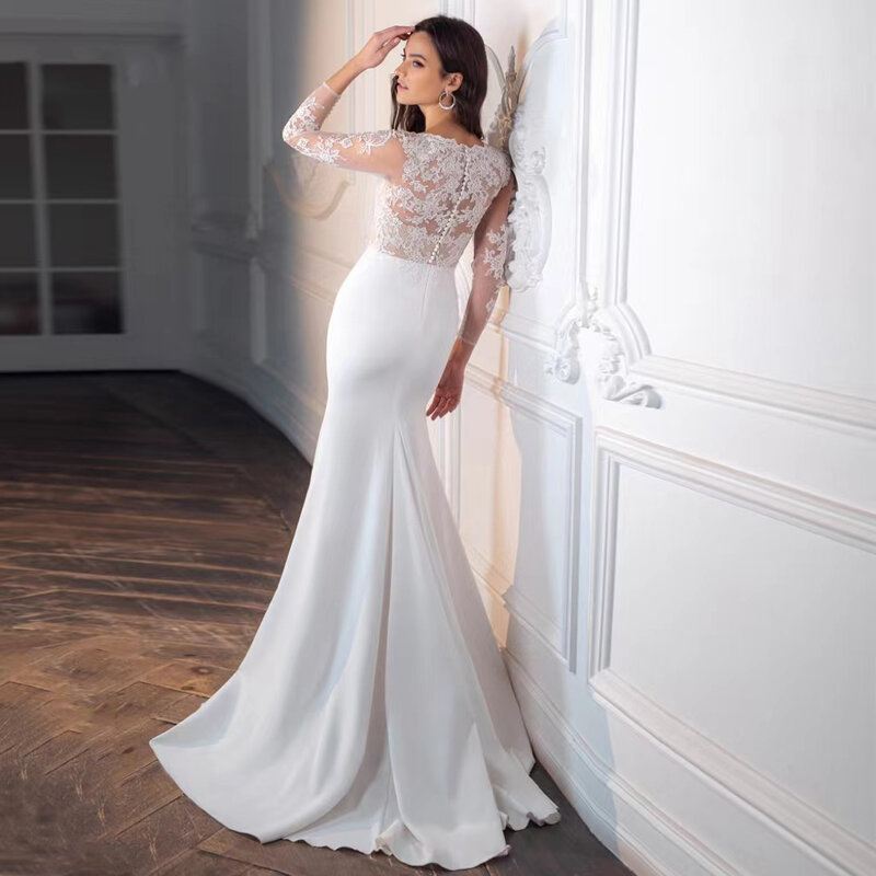 Gaun pernikahan putri duyung kerah V seksi untuk wanita 2024 atasan Applique renda gaun lengan panjang kancing gaun pengantin robe De marifee