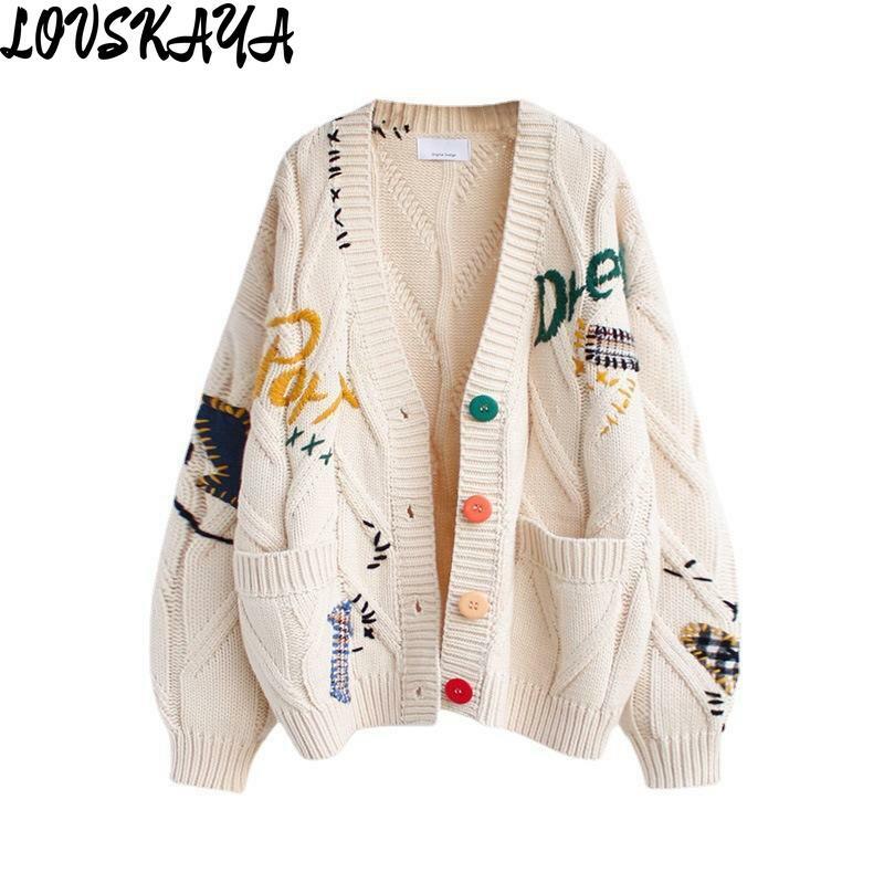 New letter design feeling loose knit sweater jacket trendy and lazy style embroidered sweater for women in autumn and winter