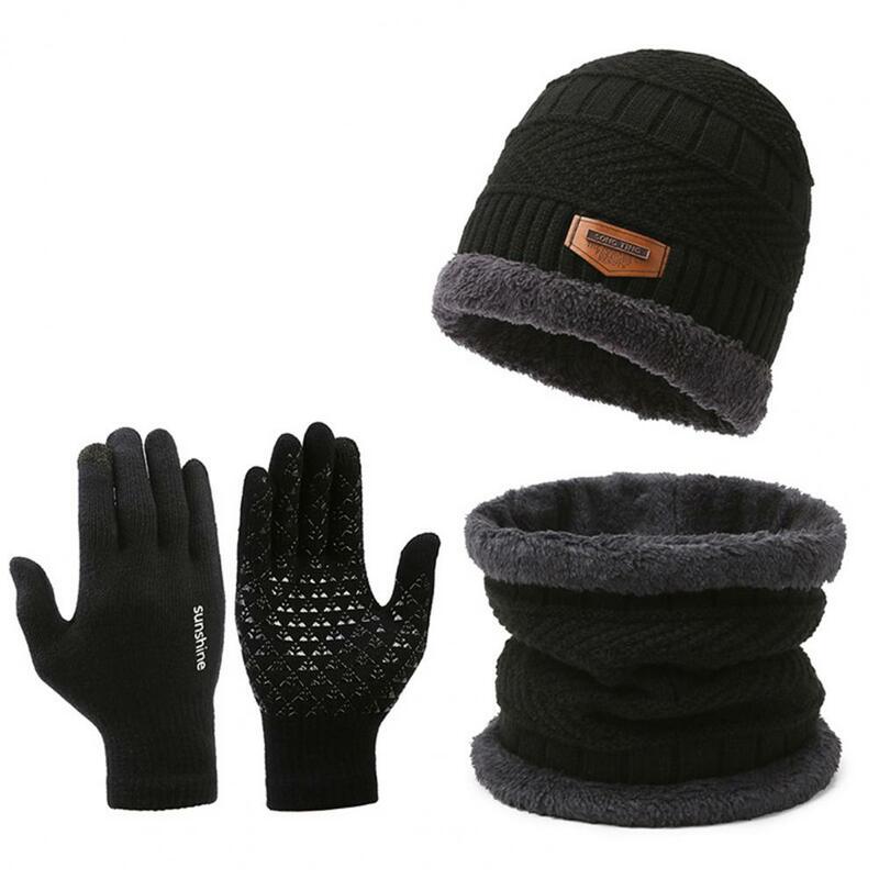 1 Set Men Winter Hat Scarf Gloves Set Thick Knitted  Beanie Elastic Glove Set Windproof Cap Neck Warp Gloves Set