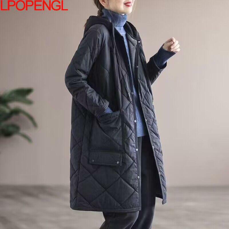 Модная однобортная хлопковая куртка 2023 с широкой талией, женская зимняя новая свободная уличная одежда средней длины со стразами и капюшоном, плотное пальто