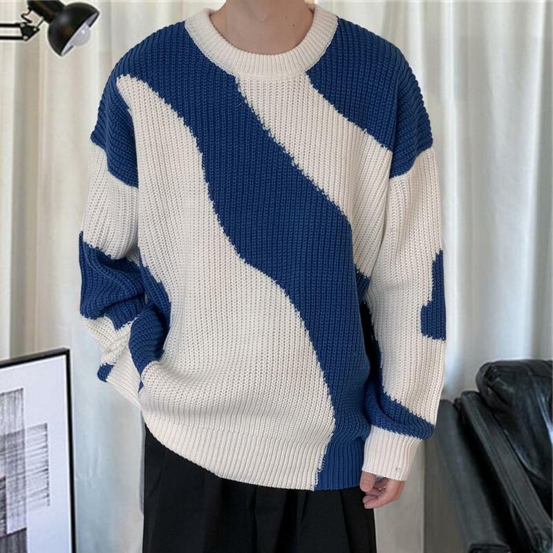 Sweter Pria Kerah Bundar Trendi Pullover Sweter Elastis Jahitan untuk Pakaian Sehari-hari