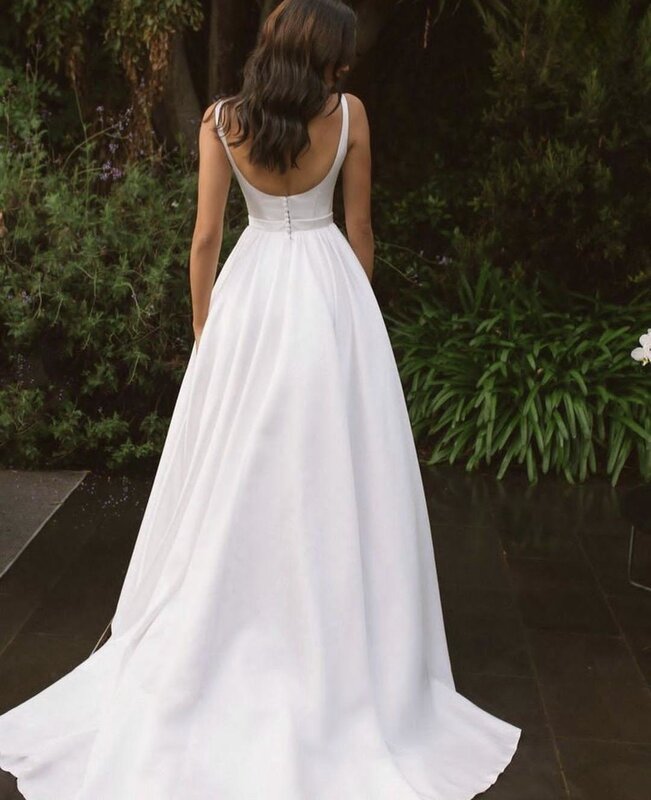 Elegant Wedding Dress Spaghetti Strap A-Line Floor Length  Backless Sweep Train Customize To Measures Bridal Gowns Satin Ivory