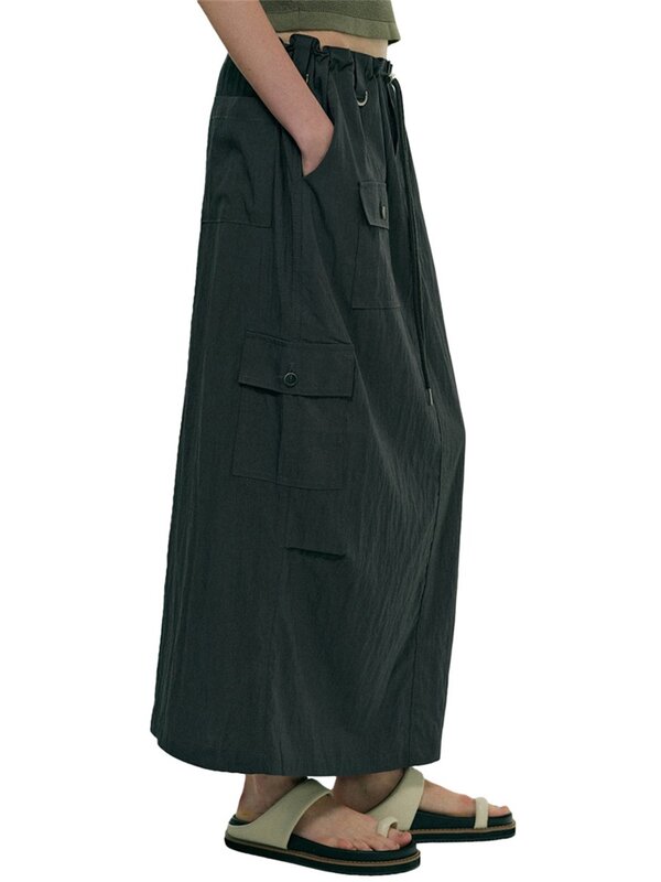 กระโปรงคาร์โก้ทรงหลวมสำหรับผู้หญิงกระโปรงยาวแบบมีกระเป๋าเอวสูงกระโปรงวินเทจมีเชือกรูดสำหรับ Y2K ชุดแนวสตรีทแบบย้อนยุค