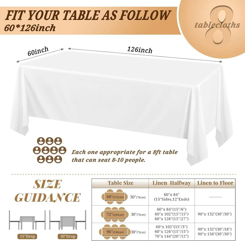 Toalha de mesa de poliéster lavável, toalha retangular, resistente a rugas, branco, 8 pés tabela, 60x12 6 Polegada, 8 Pack