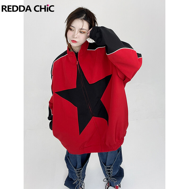 REDDACHIC 여성용 패치워크 스타 봄버 재킷, 레드 터틀넥 긴팔, 2 색 오버사이즈 바람막이, 레트로 Y2k 스트리트웨어