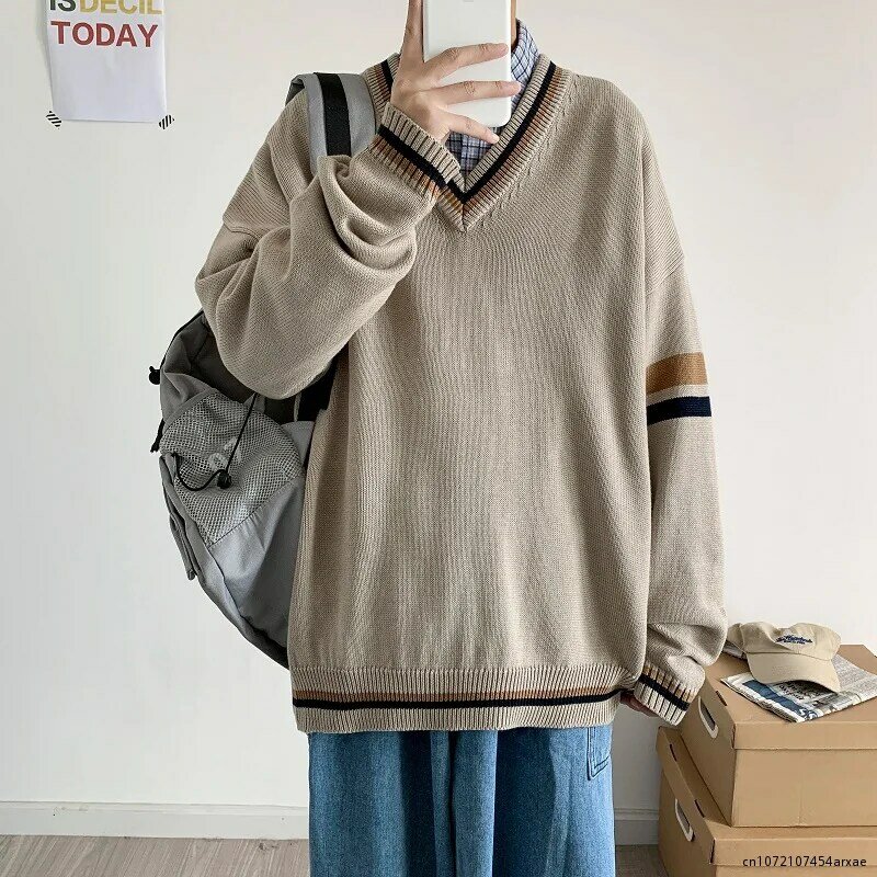 Пуловер мужской с V-образным вырезом, свитер с соединением, винтажная вязаная одежда, свободный джемпер в японском стиле Харадзюку для студентов и колледжа, топ на осень