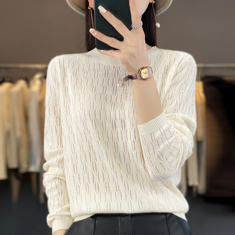 Женский трикотажный свитер с круглым вырезом, тонкий шерстяной пуловер с длинным рукавом и перфорацией, весна-лето