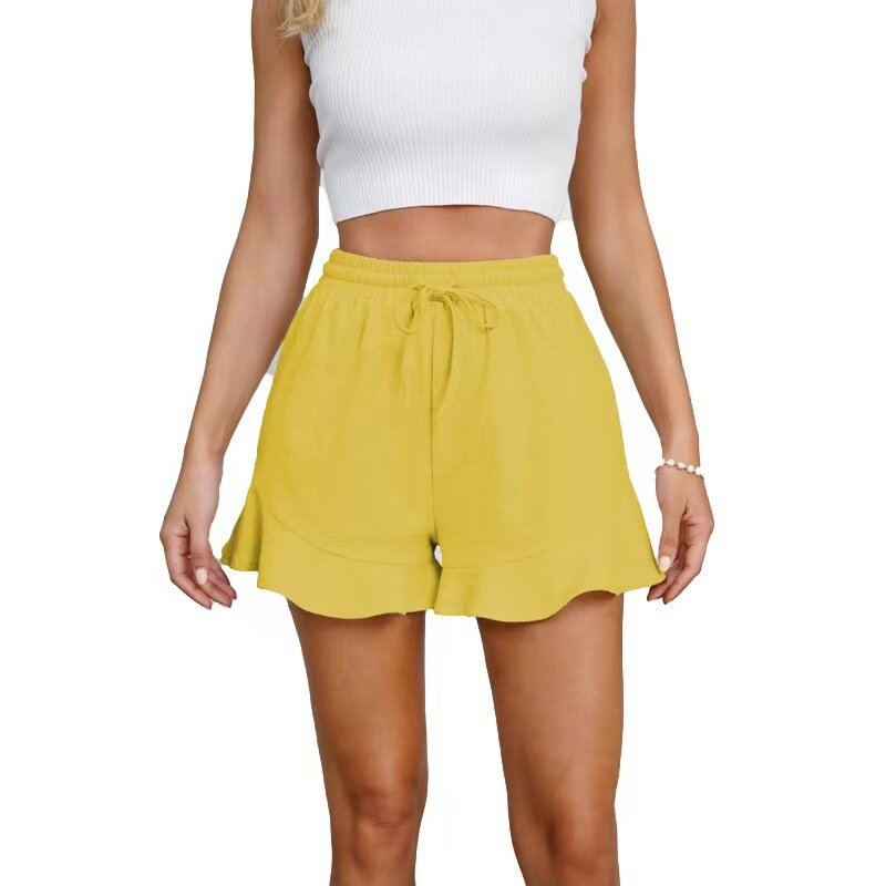 Women's Shorts Summer New Solid Color Cotton Linen Fashion Ruffle Drawstring Casual Shorts Female