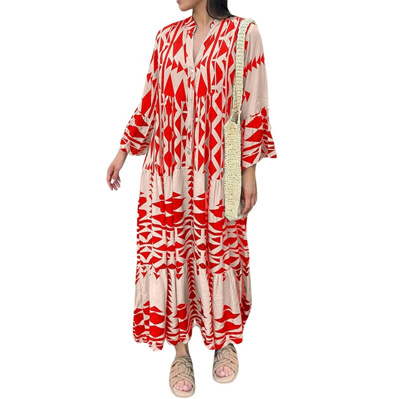 Женские Макси-платья с принтом, модное повседневное свободное платье-рубашка в богемном стиле, длинное Повседневное платье для отпуска с длинными рукавами