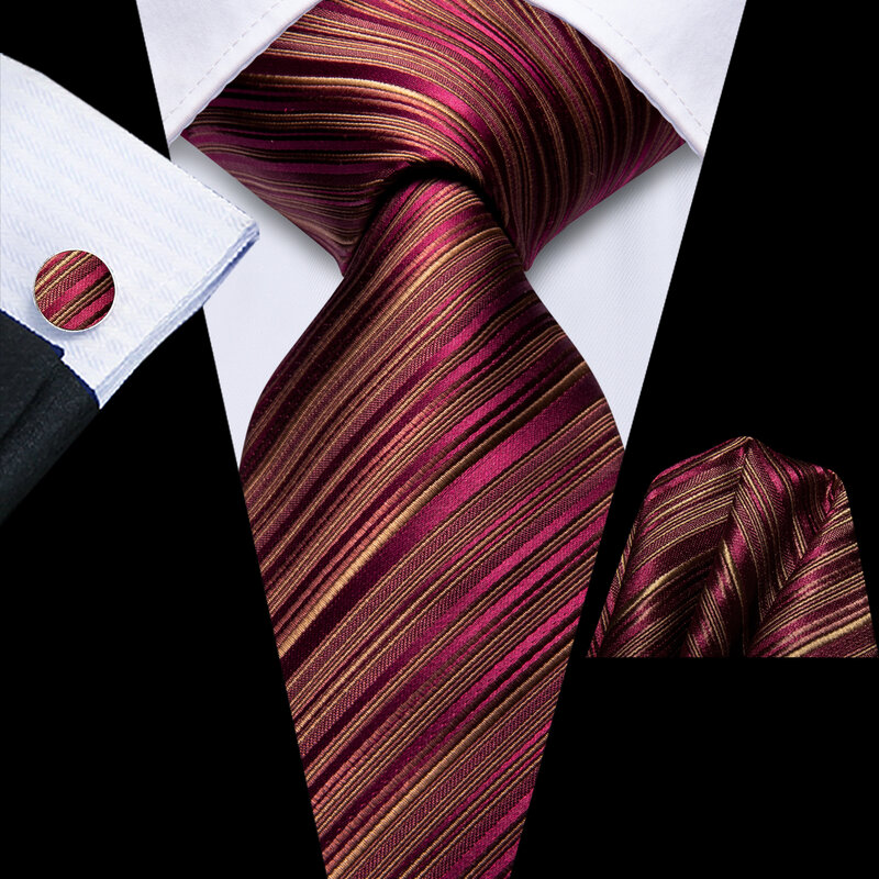 Hi-Tie Designer Striped Burgundy Elegant Tie for Men Fashion Brand Wedding Party Necktie Handky Cufflink Wholesale Business