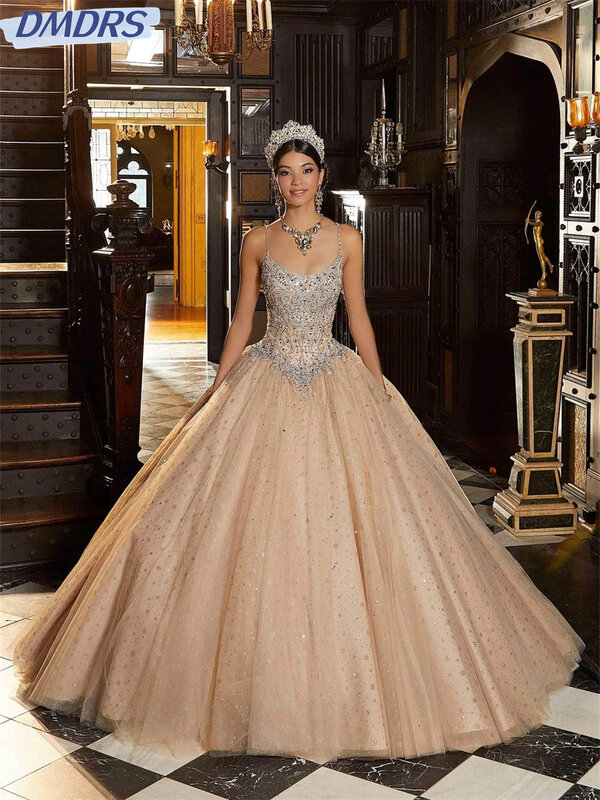 Brilhante frisada A-Line Prom Dress, vestidos clássicos de noite Spaghetti Strap, vestidos graciosos até o chão, 2024