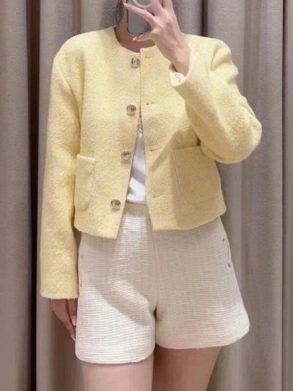 เสื้อแจ็คเก็ตผ้าทวีดสีเหลืองสำหรับผู้หญิงคอกลมแขนยาวเสื้อโค้ทลำลองฤดูใบไม้ผลิ2024