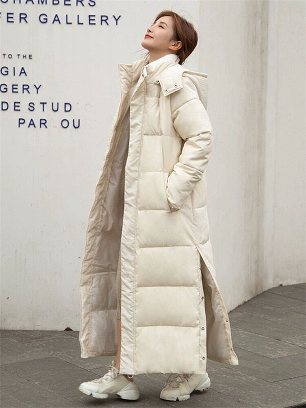 Inverno nuovo femminile spesso con cappuccio lungo piumino cappotti di alta qualità fresco solido Streetwear caldo accogliente tasche capispalla alla caviglia