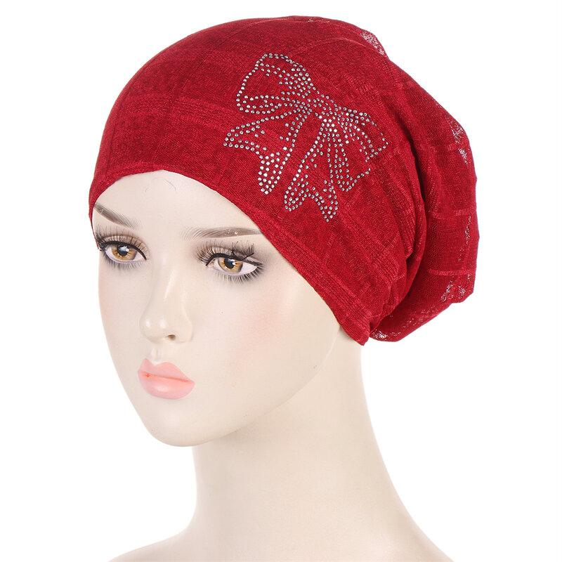 Summer Turban Solid Bowknot Diamonds Inner Hijab Caps Soft Breathable Muslim Women Turbantes Wrap Head Hijab Underscarf Bonnet