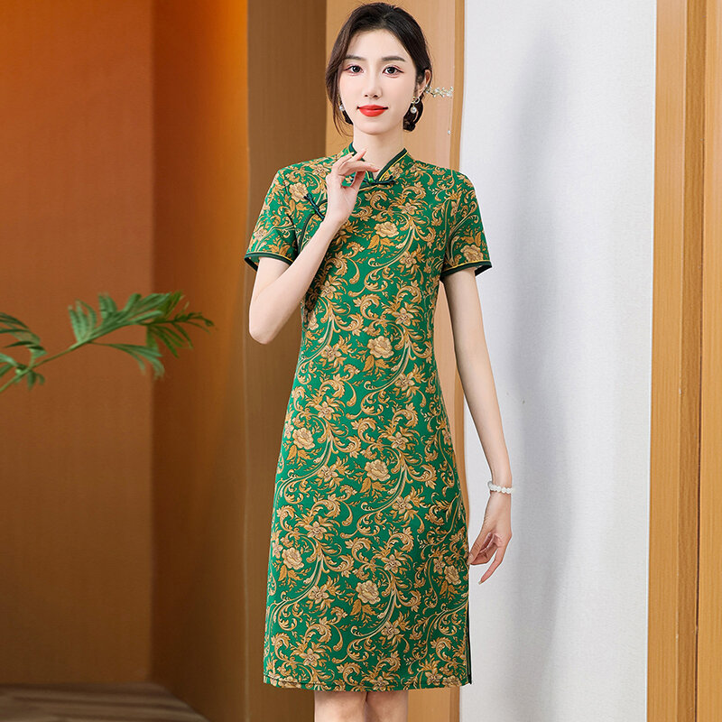 summer Women cheongsam Dress Female short sleeve Dress Casual Print middle-aged Vintage Dress