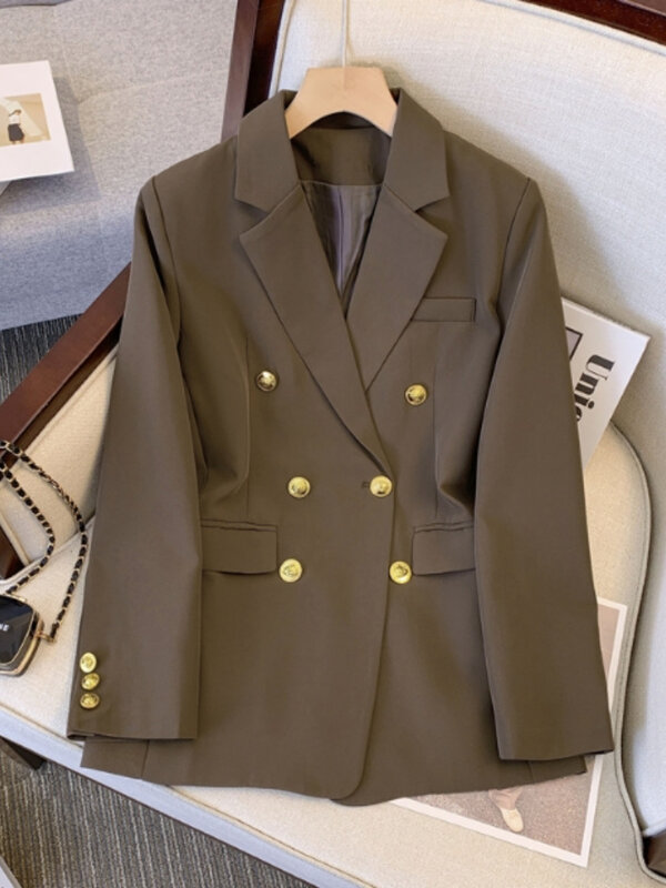 Blazer de manga comprida feminino, jaqueta cor sólida, terno Senior Design Sense, blazers de escritório, outwear feminino elegante, primavera e outono