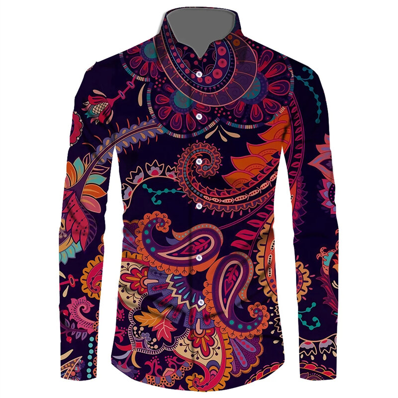 Vintage Africa Pattern 3D Printed Long Sleeve Button-down Shirts For Men Street Style Trendy Tops Hip Hop Men Clothing Shirt