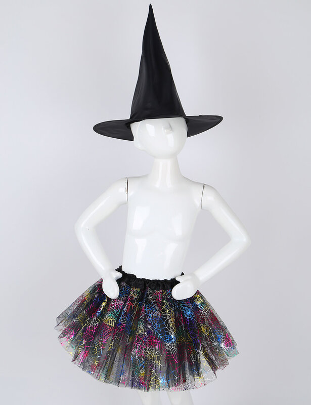 Kinder Mädchen Hexe Kostüm Spinne Web Muster Drucken Tutu Rock und Hexe Hut für Kinder Halloween Karneval Cosplay Kind Geschenk