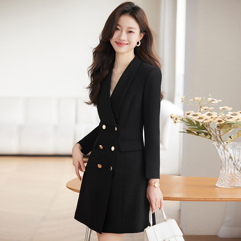 NewSpring Autumn White Black Blazer Women Mid Long Double Breasted Office Ladies Jacket Business Work Wear Formal Coat Outerwear