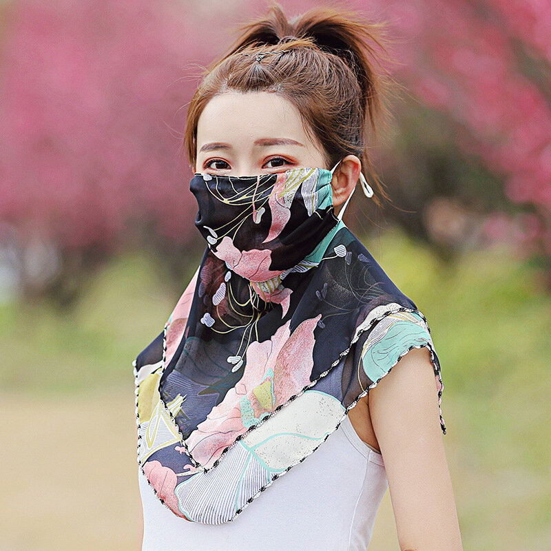 Breathable silk scarf Bib women's riding and driving large mask covering face and Neck Chiffon thin veil sunscreen mask