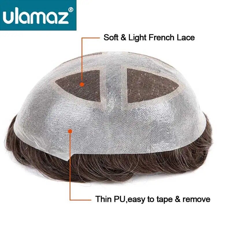 Proteza włosów męskich francuska koronkowa skóra System włosów dla mężczyzn mikroskin męska proteza kapilarna indyjskie ludzkie włosy męski tupecik peruki