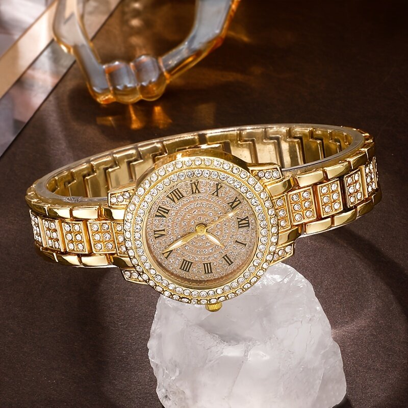 Glamorous Womens Rhinestone Quartz Watch & Jewelry Set - Hiphop Chic, Analog Display, 7-Piece Gift for Mom, Her