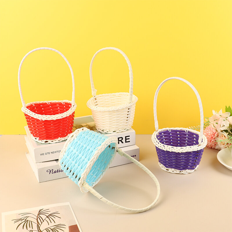 Cesta de ratán tejida de plástico para huevos de Pascua, cesta de almacenamiento redonda, cesta de regalo para el hogar, azul
