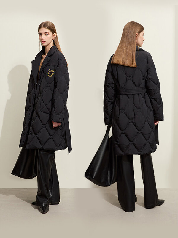 AMII-Chaqueta de plumón minimalista para mujer, abrigo ligero con cinturón térmico y diamantes, color liso, invierno, 2023, 12344061