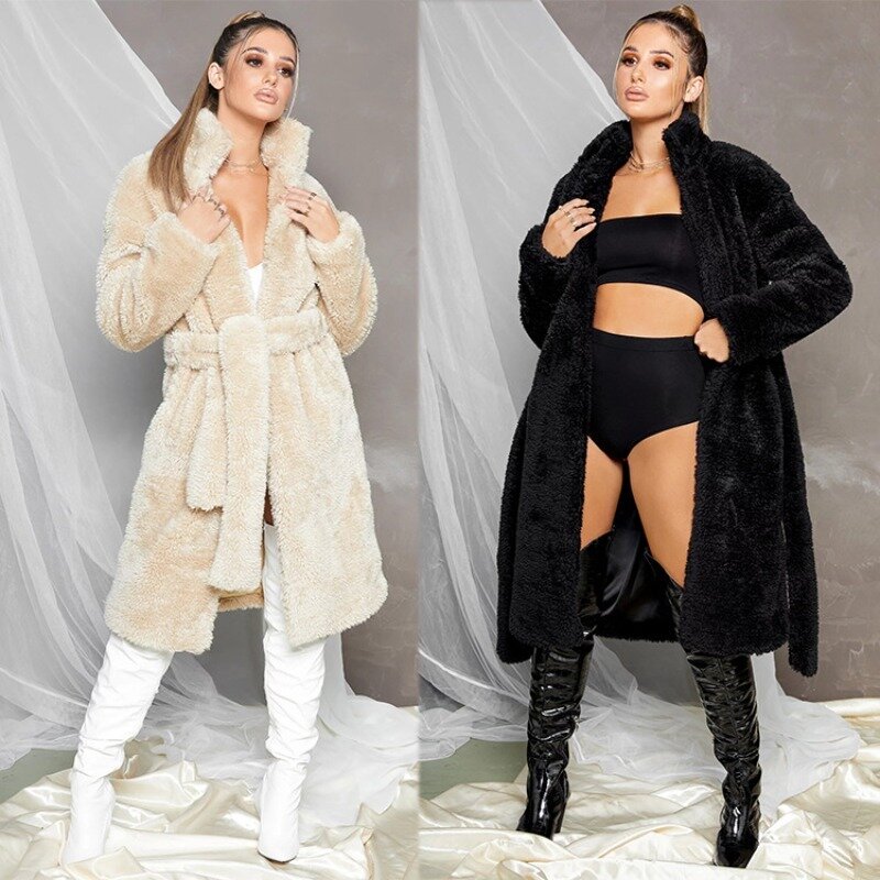 S-3XL Women's Coat Faux Fur Loose Plush Coat Autumn Winter Warmth Stand Up Collar Belt Decorative Clothing