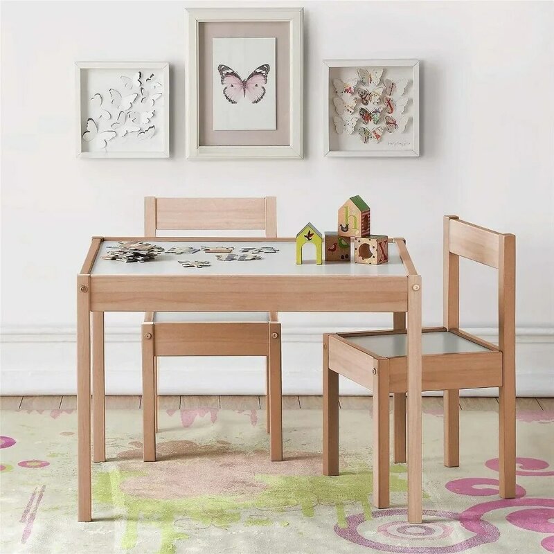 Juego de mesa y silla para niños, color blanco, 3 piezas