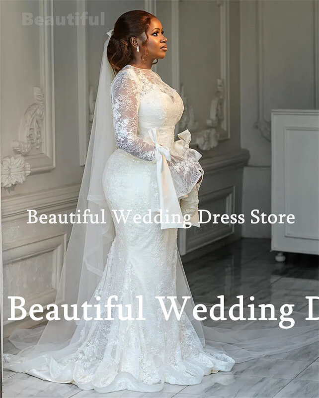 Neues arabisches Brautkleid für Frauen O-Ausschnitt lange Ärmel Spitze Applikationen Meerjungfrau bodenlangen Vestidos de Novia 2024 Brautkleid