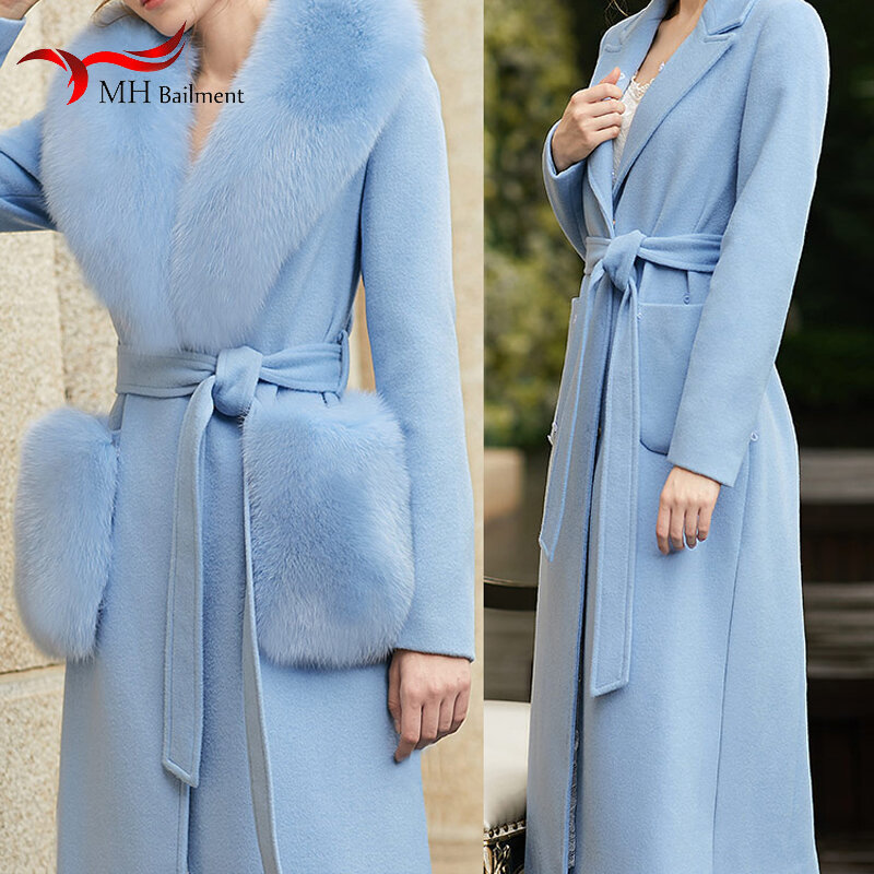 Casaco de lã com bolso feminino, bolsa 100% pele de raposa verdadeira e colorida com bolso 9.5*11cm, toalha feminina