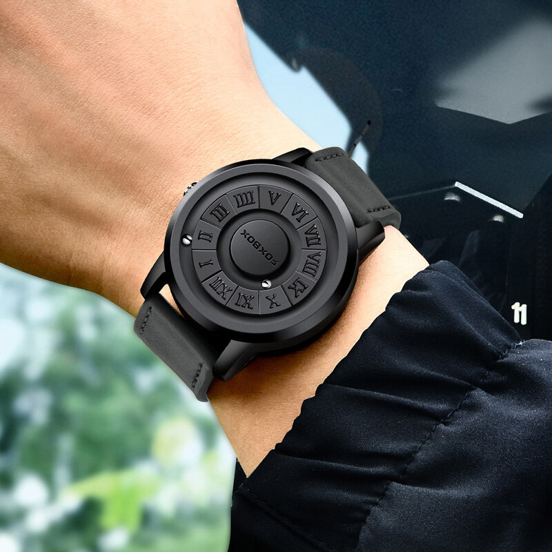FOXBOX-Relógio de pulso masculino de quartzo magnético, ponteiro de rolagem criativo, relógio de couro genuíno